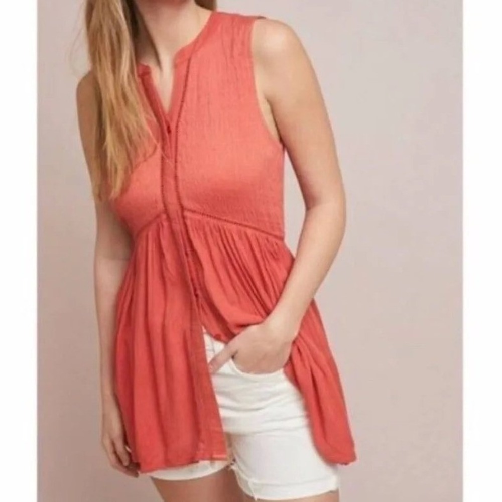 Anthropologie Nia Burnt Orange Ladder Stitch Boho Button Down Tunic Top L NEW